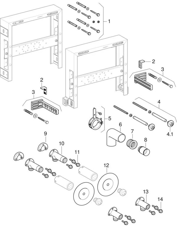 Moduli per lavabo Geberit Combifix, rubinetteria a pianale, regolabile in profondità