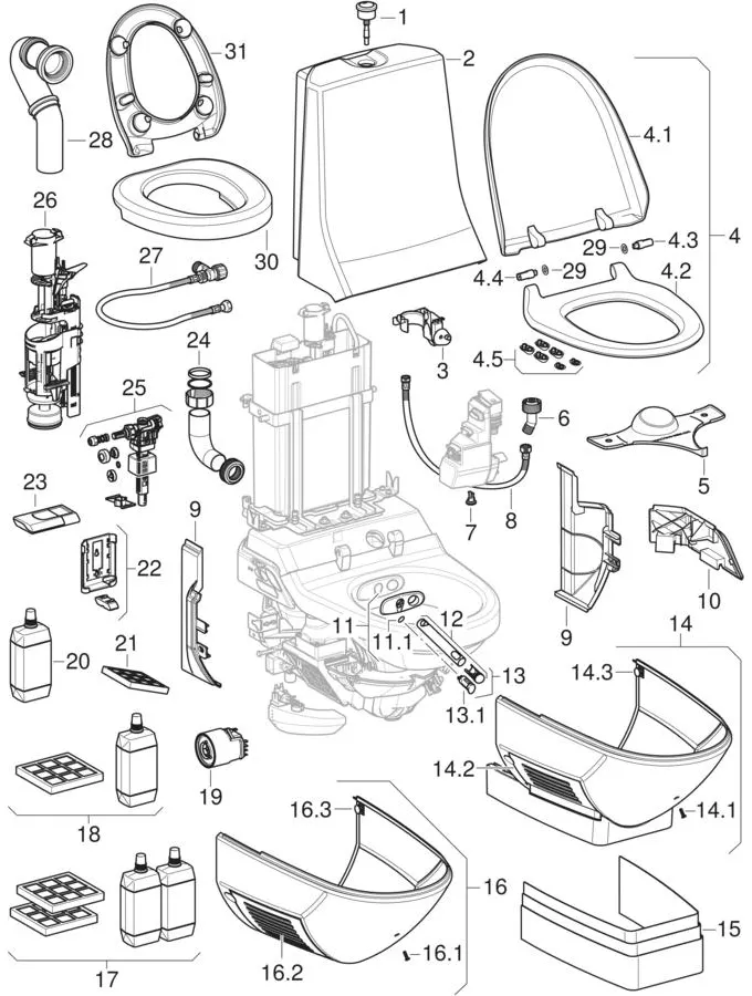 Elementi completi Geberit AquaClean 8000plus, vaso a pavimento e vaso sospeso 2005 – 2021